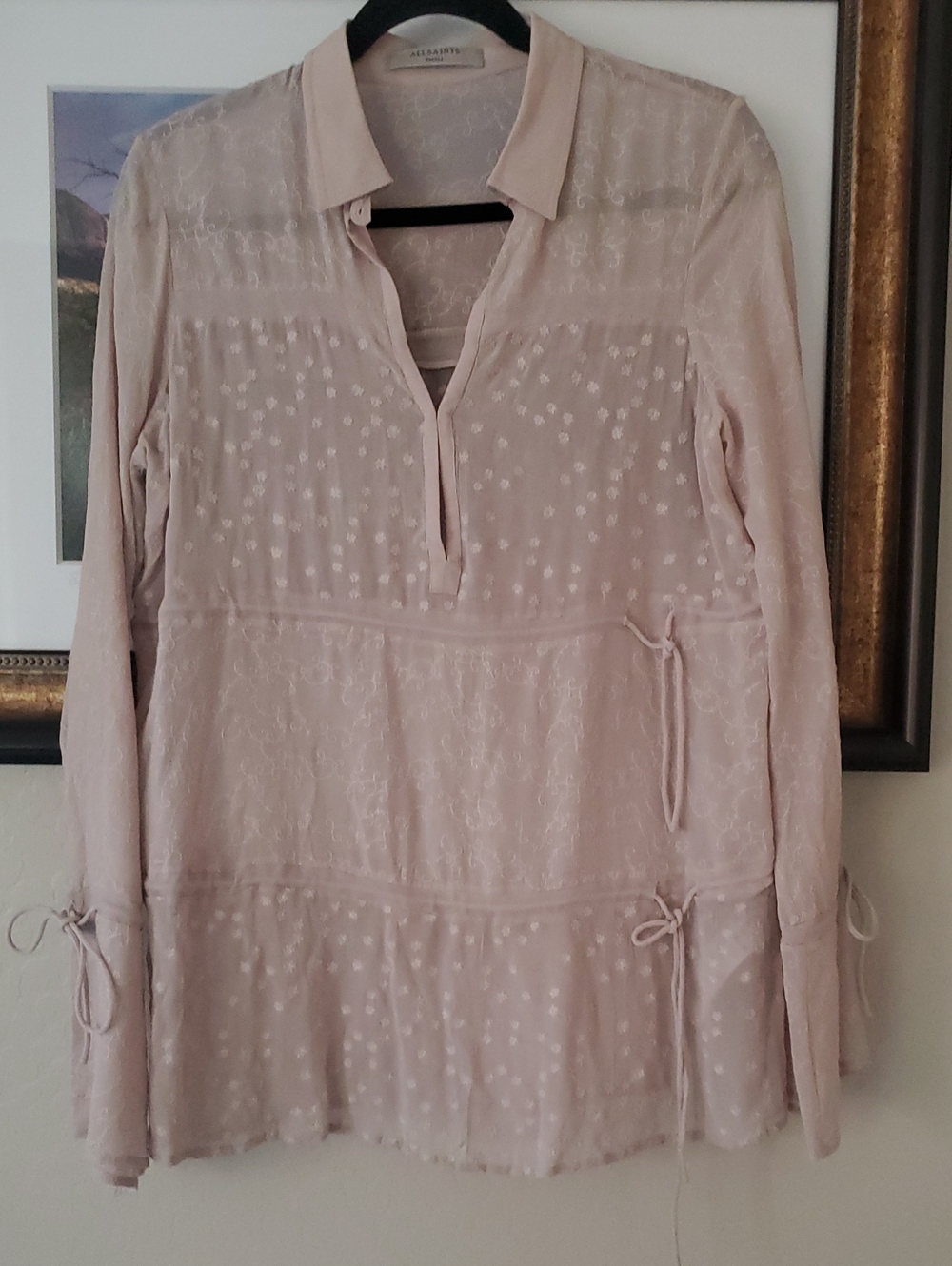 All Saints Abelie Blush Pink Embroidered Sheer Top